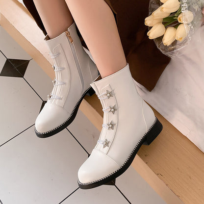 Pu Leather Round Toe Stars Lace Up Stitch Side Zippers Short Boots for Women