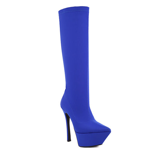 Flock Pointed Toe Stiletto Heel Platform Knee High Boots for Women