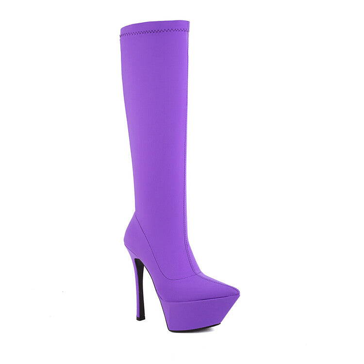 Flock Pointed Toe Stiletto Heel Platform Knee High Boots for Women