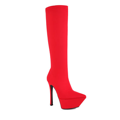 Flock Pointed Toe Stiletto Heel Platform Knee High Boots for Women