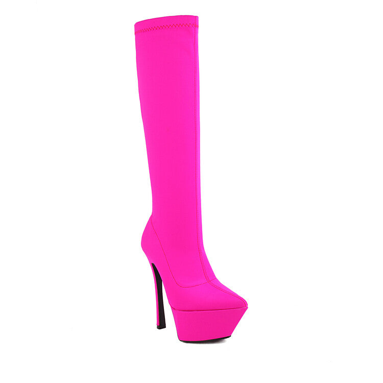 Flock Pointed Toe Stiletto Heel Platform Knee High Boots for Women