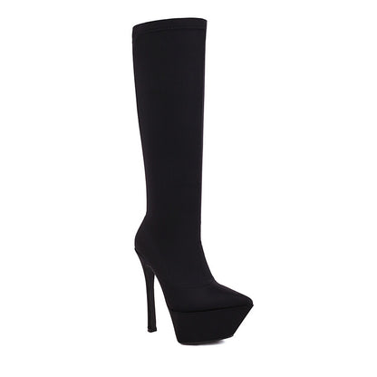 Flock Pointed Toe Stiletto Heel Platform Knee High Boots for Women