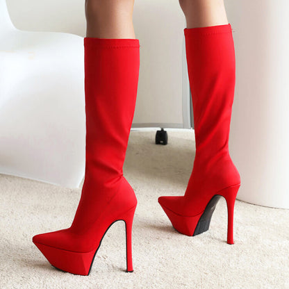 Flock Pointed Toe Stiletto Heel Platform Knee High Boots for Women