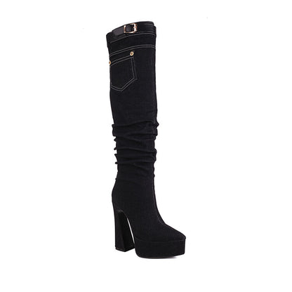 Denim Pointed Toe Pocket Buckle Straps Spool Heel Platform Knee High Boots for Women