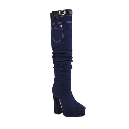 Denim Pointed Toe Pocket Buckle Straps Spool Heel Platform Knee High Boots for Women