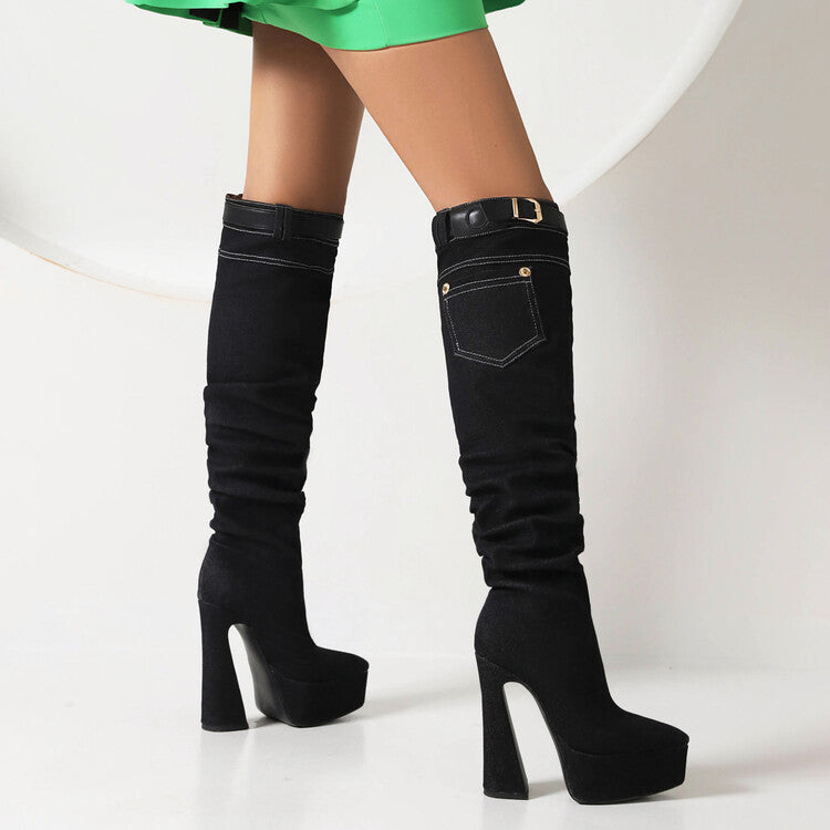 Denim Pointed Toe Pocket Buckle Straps Spool Heel Platform Knee High Boots for Women