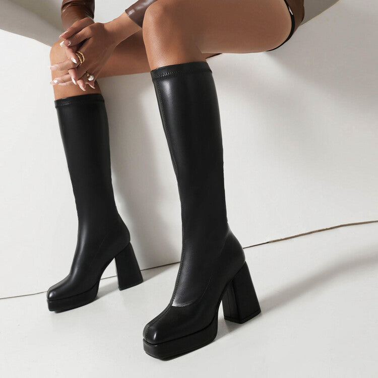 Pu Leather Square Toe Block Chunky Heel Platform Knee High Boots for Women