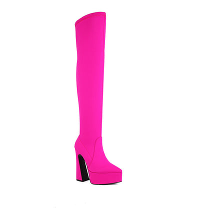 Stretch Pointed Toe Spool Heel Platform Over the Knee Boots for Women