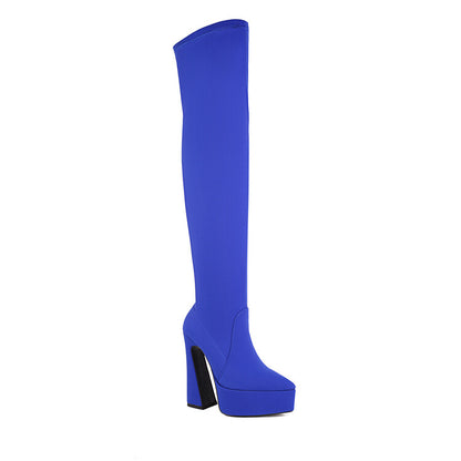 Stretch Pointed Toe Spool Heel Platform Over the Knee Boots for Women