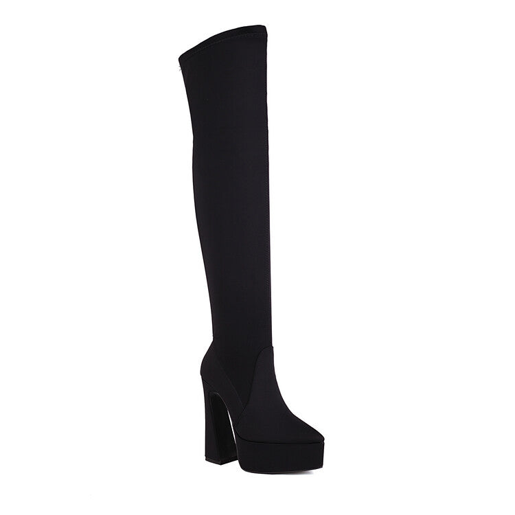 Stretch Pointed Toe Spool Heel Platform Over the Knee Boots for Women