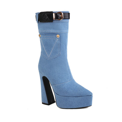 Denim Pointed Toe Pocket Buckle Straps Spool Heel Platform Mid-calf Boots for Women