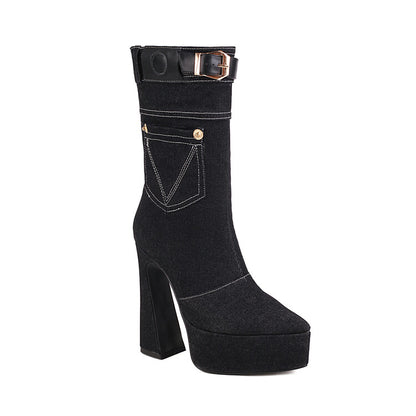 Denim Pointed Toe Pocket Buckle Straps Spool Heel Platform Mid-calf Boots for Women