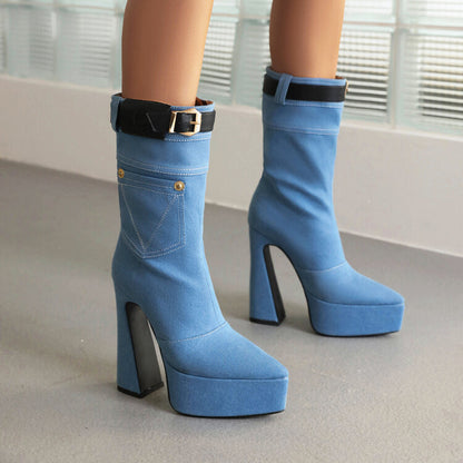 Denim Pointed Toe Pocket Buckle Straps Spool Heel Platform Mid-calf Boots for Women