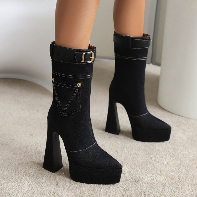 Denim Pointed Toe Pocket Buckle Straps Spool Heel Platform Mid-calf Boots for Women