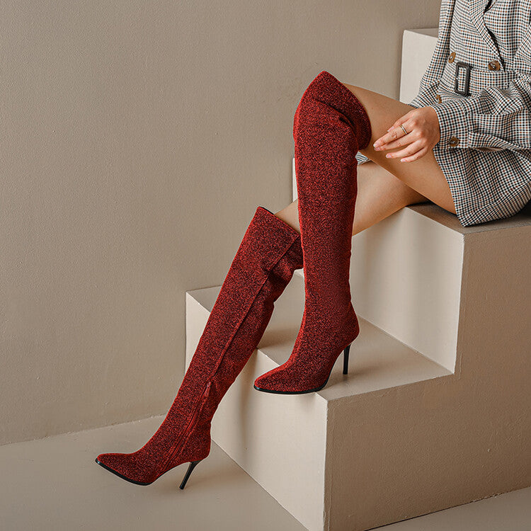 Pointed Toe Side Zippers Stiletto Heel Over-the-Knee Boots for Women