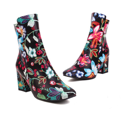 Printed Pu Leather Side Zippers Block Chunky Heel Ankle Boots for Women