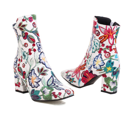 Printed Pu Leather Side Zippers Block Chunky Heel Ankle Boots for Women