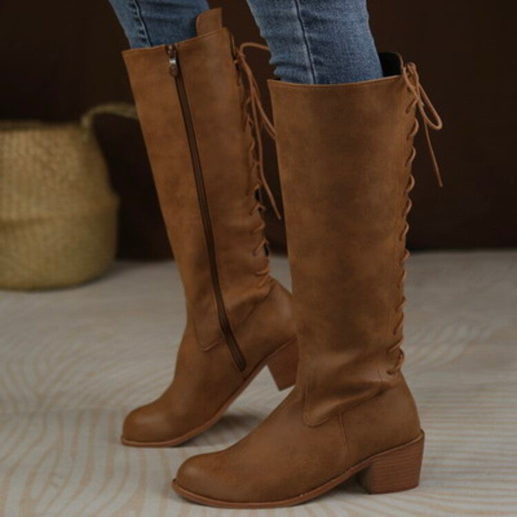 Back Tied Straps Side Zippers Block Heel Tall Boots for Women