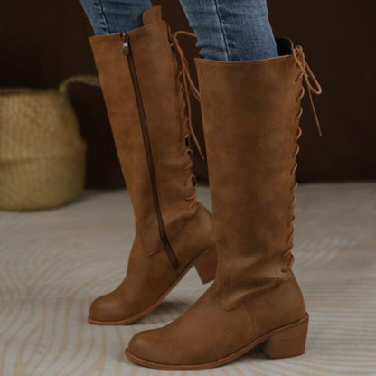 Back Tied Straps Side Zippers Block Heel Tall Boots for Women