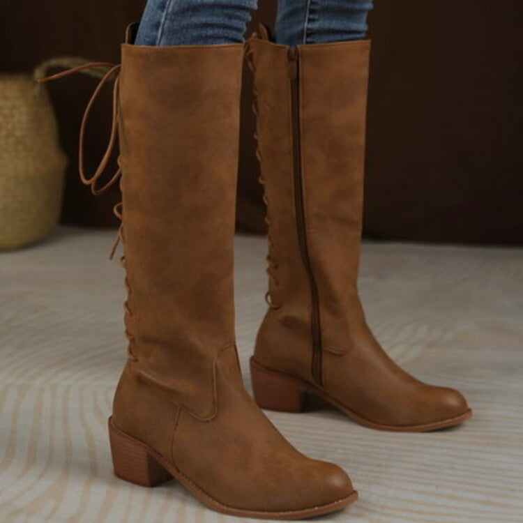 Back Tied Straps Side Zippers Block Heel Tall Boots for Women