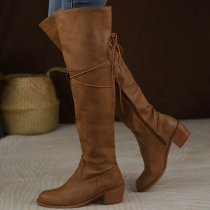 Side Zippers Entangled Tied Straps Block Heel Tall Boots for Women