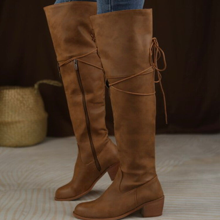 Side Zippers Entangled Tied Straps Block Heel Tall Boots for Women