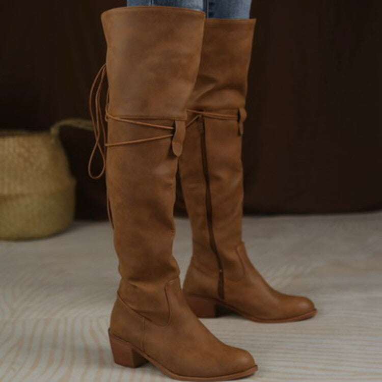 Side Zippers Entangled Tied Straps Block Heel Tall Boots for Women