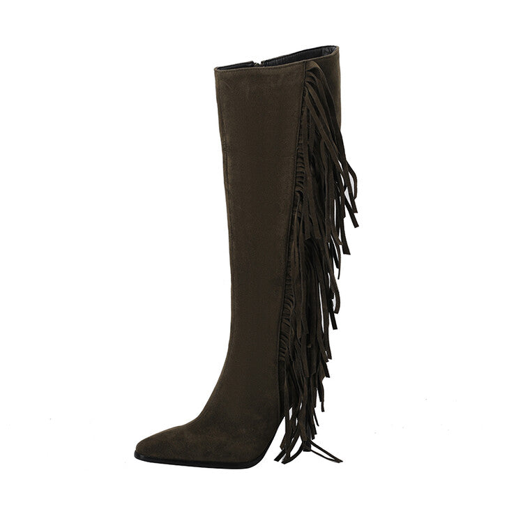 Flock Pointed Toe Tassel Stiletto Heel Knee-High Boots for Women