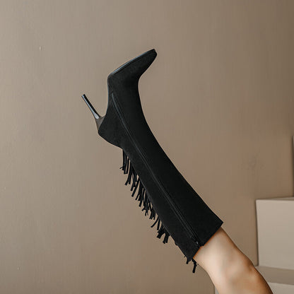 Flock Pointed Toe Tassel Stiletto Heel Knee-High Boots for Women