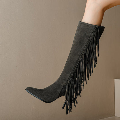 Flock Pointed Toe Tassel Stiletto Heel Knee-High Boots for Women