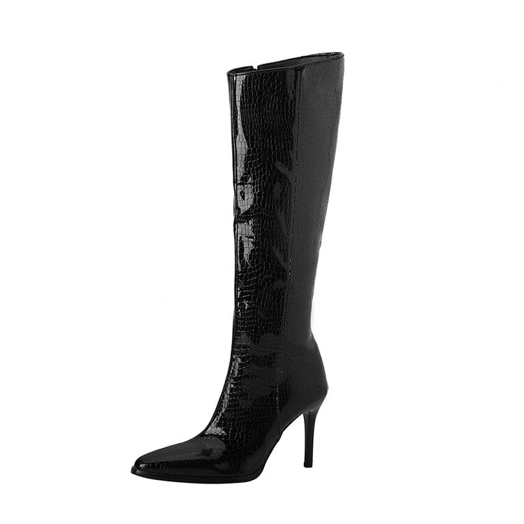 Pu Leather Pointed Toe Side Zippers Stiletto Heel Knee-High Boots for Women