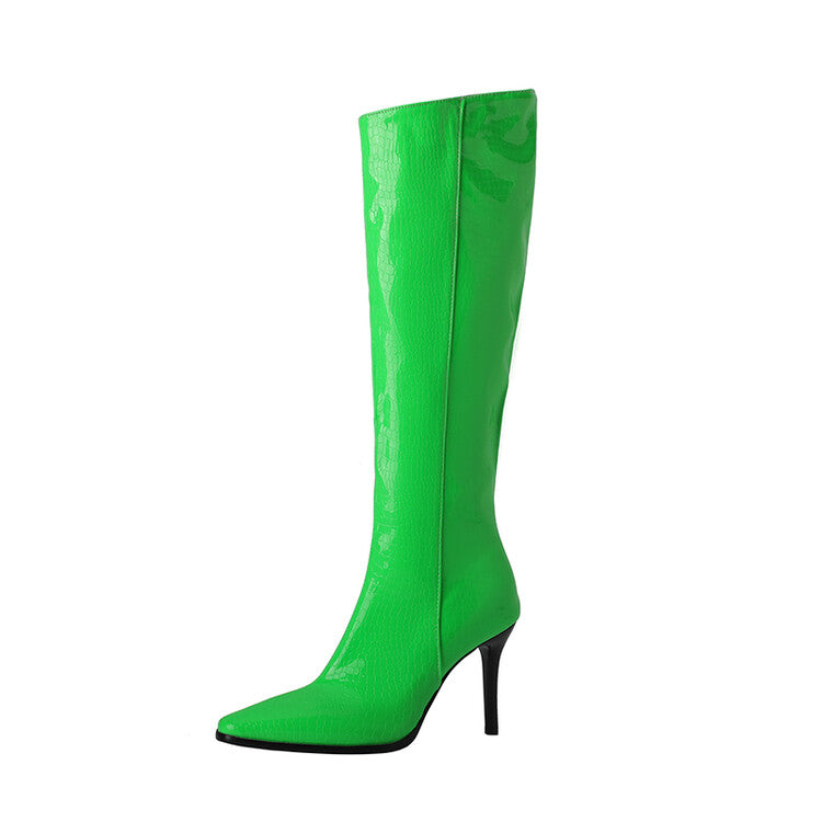 Pu Leather Pointed Toe Side Zippers Stiletto Heel Knee-High Boots for Women