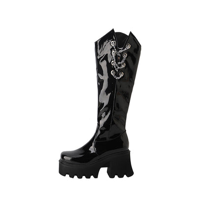 Round Toe Metal Chains Block Heel Platform Knee-High Boots for Women