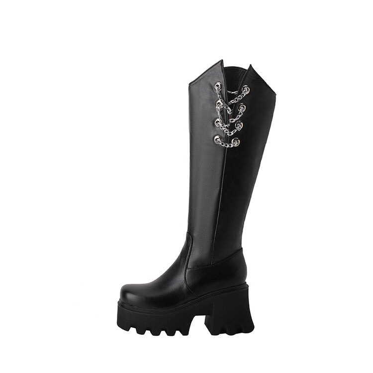 Round Toe Metal Chains Block Heel Platform Knee-High Boots for Women