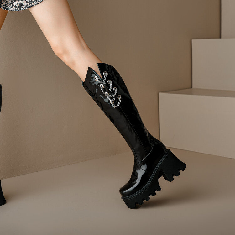 Round Toe Metal Chains Block Heel Platform Knee-High Boots for Women