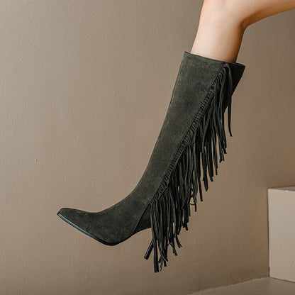 Flock Pointed Toe Tassel Stiletto Heel Knee-High Boots for Women