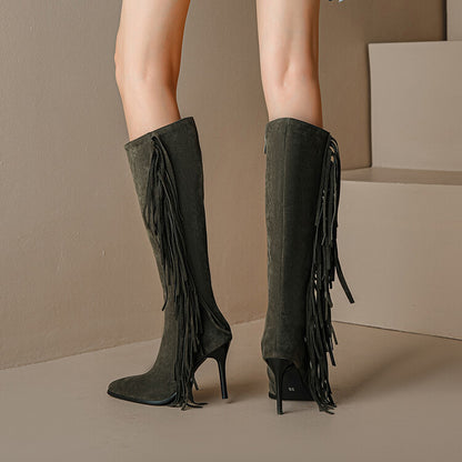 Flock Pointed Toe Tassel Stiletto Heel Knee-High Boots for Women