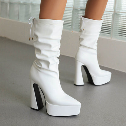 Pu Leather Pointed Toe Back Tied Straps Spool Heel Platform Mid-calf Boots for Women