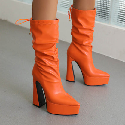 Pu Leather Pointed Toe Back Tied Straps Spool Heel Platform Mid-calf Boots for Women