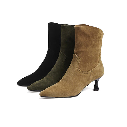 Flock Pointed Toe Stitch Spool Heel Ankle Boots for Women