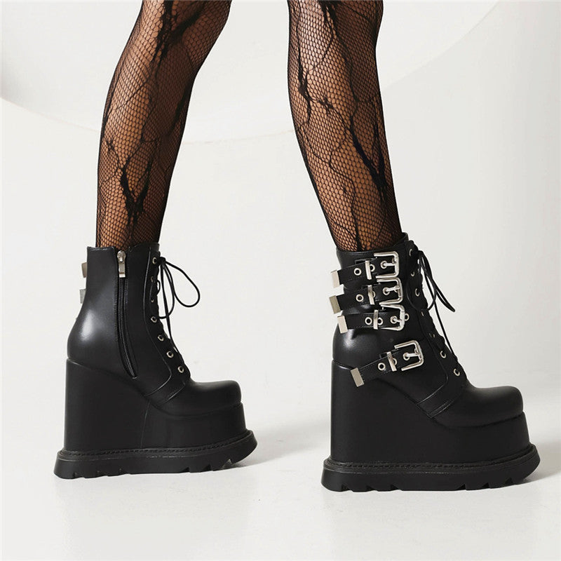 Pu Leather Round Toe Lace Up Metal Buckle Straps Wedge Heel Platform Short Boots for Women