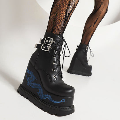 Lace Up Metal Buckle Straps Wedge Heel Platform Short Boots for Women