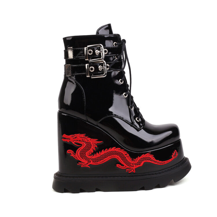 Lace Up Metal Buckle Straps Wedge Heel Platform Short Boots for Women