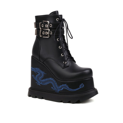 Lace Up Metal Buckle Straps Wedge Heel Platform Short Boots for Women