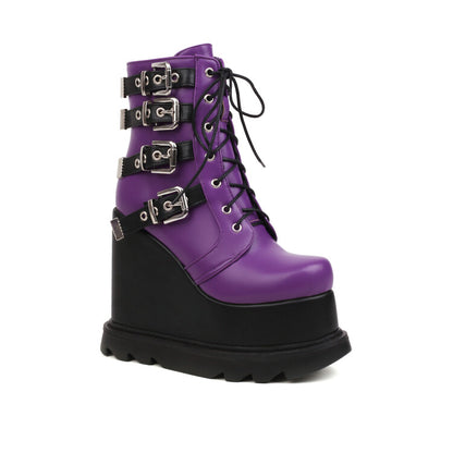 Pu Leather Round Toe Lace Up Metal Buckle Straps Wedge Heel Platform Short Boots for Women