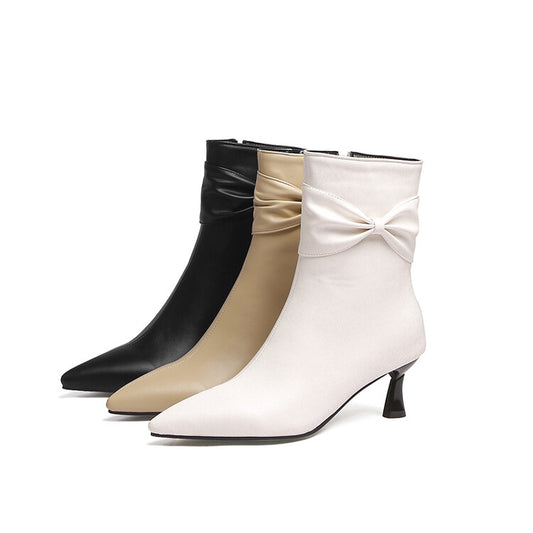 Pu Leather Pointed Toe Side Bow Tie Spool Heel Ankle Boots for Women