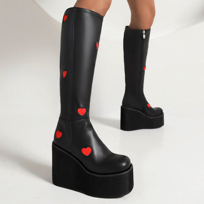 Bicolor Pu Leather Square Toe Love Hearts Side Zippers Wedge Heel Platform Knee High Boots for Women