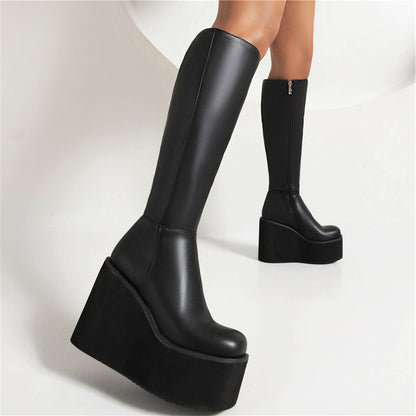 Pu Leather Round Toe Side Zippers Wedge Heel Platform Knee High Boots for Women