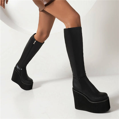 Pu Leather Round Toe Side Zippers Wedge Heel Platform Knee High Boots for Women