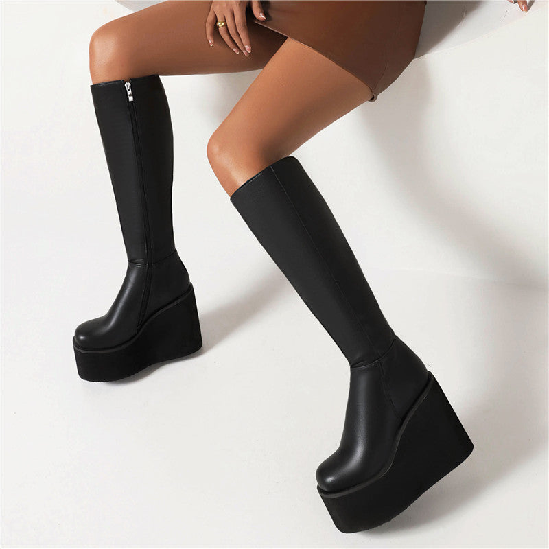 Pu Leather Round Toe Side Zippers Wedge Heel Platform Knee High Boots for Women